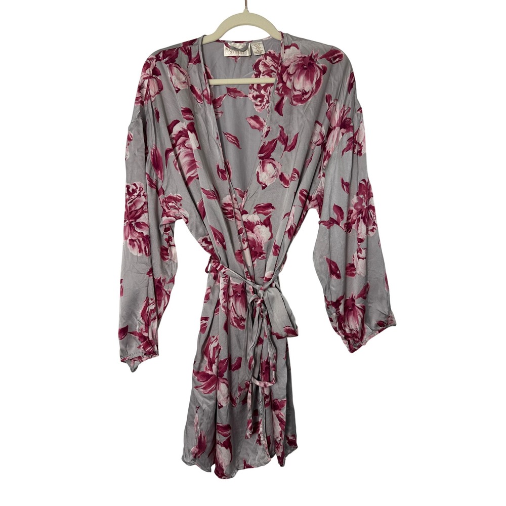 Victoria's Secret Gold Label Silk Robe Size M/L Grey Pink Vintage Floral Wrap - Picture 1 of 7